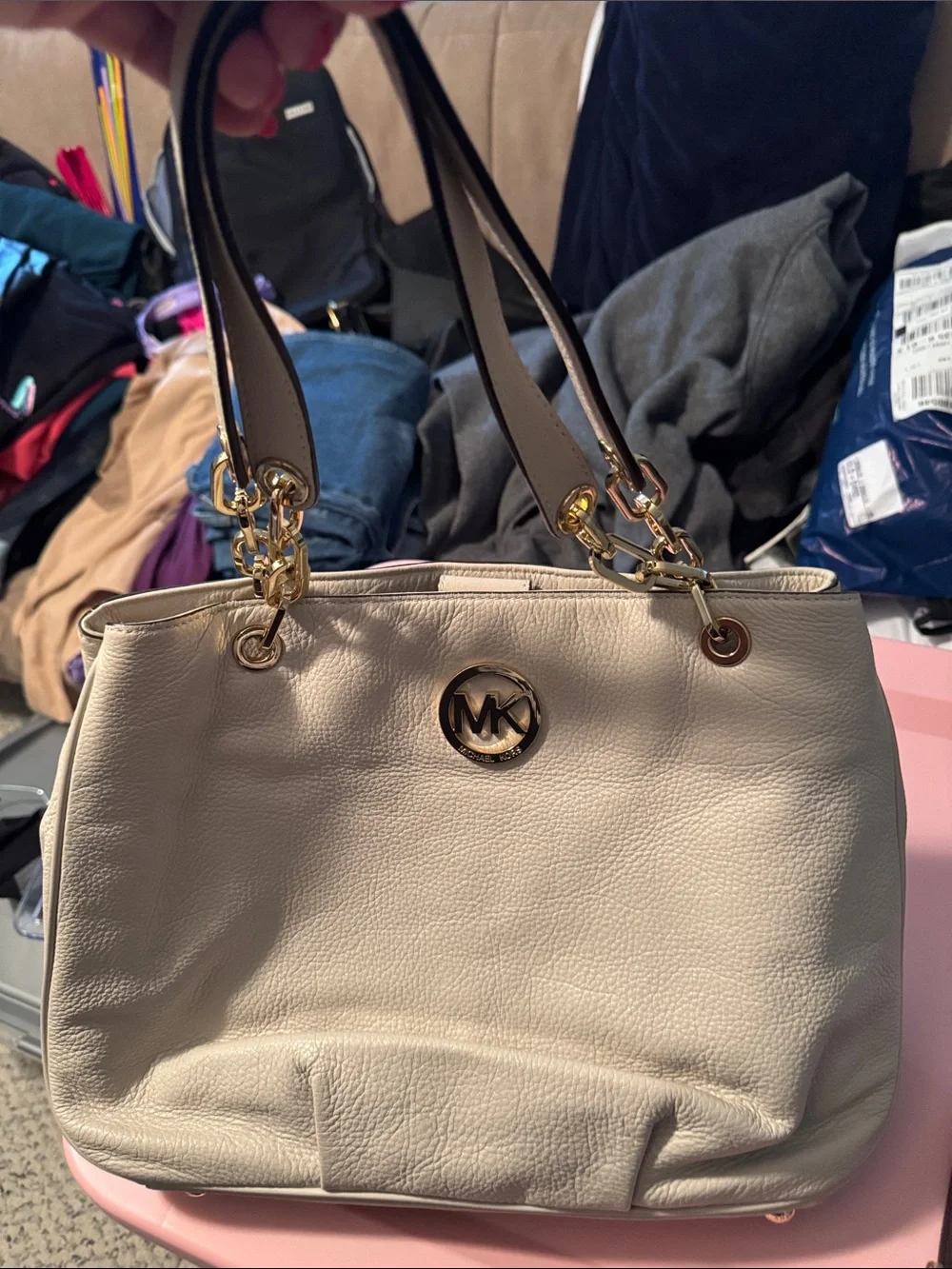Michael Kors Ivory Leather Shoulder Tote with Gold Hardware